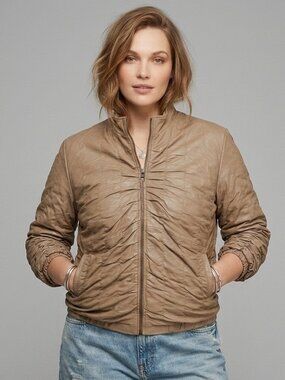 L Vintage 00s Albert Duke Beige Soft Leather Ruched Bomber Jacket Coat 90s Y2K